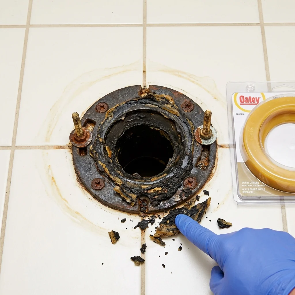 Failed wax ring showing water seepage at the base of a toilet in a Thomaston, CT home