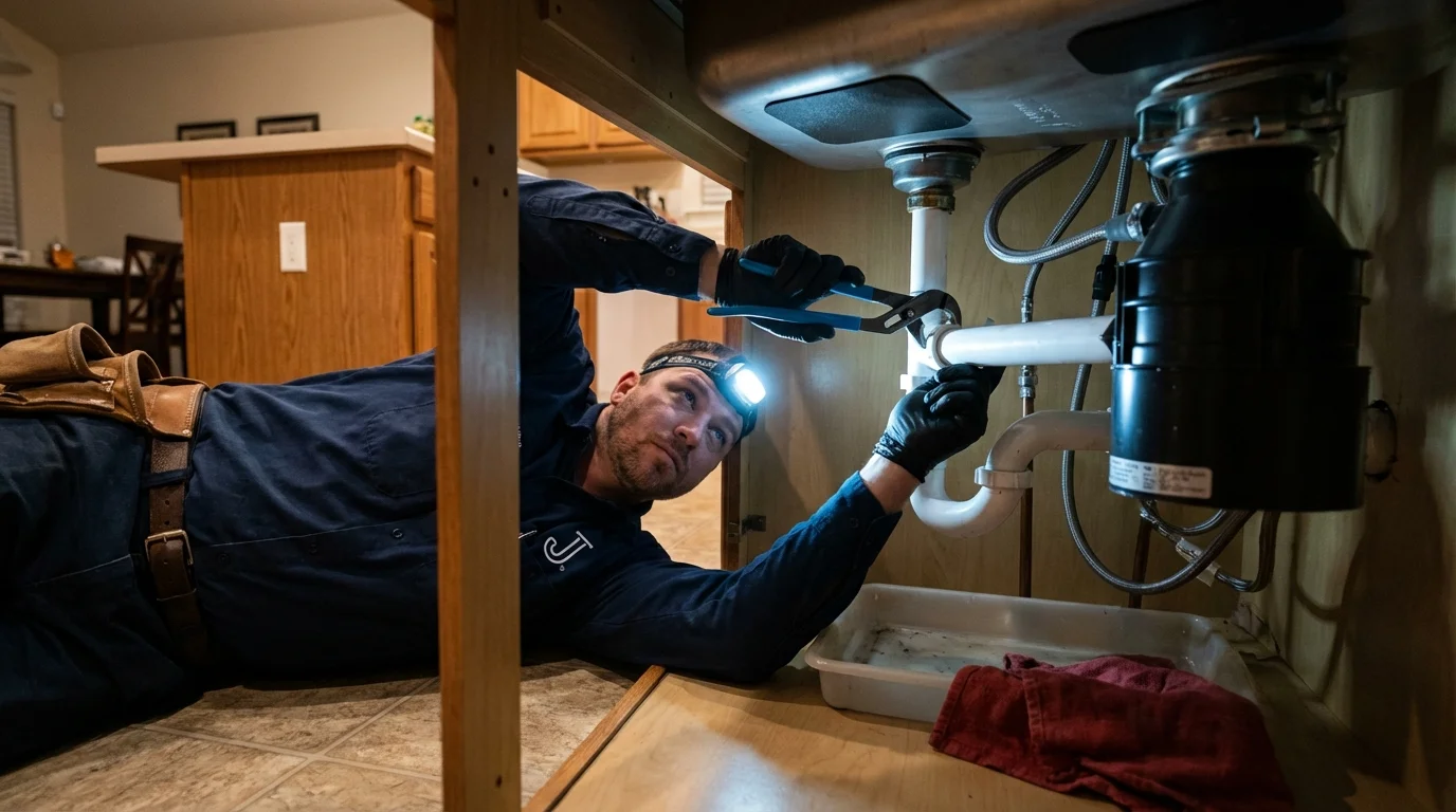 P-trap and supply line connections under a kitchen sink showing a common leak point in Thomaston, CT